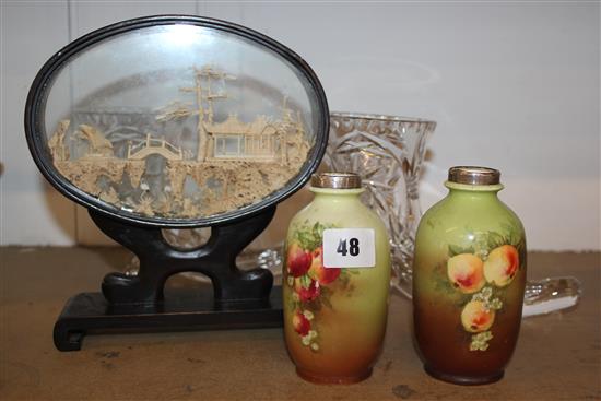 Cork picture, glass and pair of vases